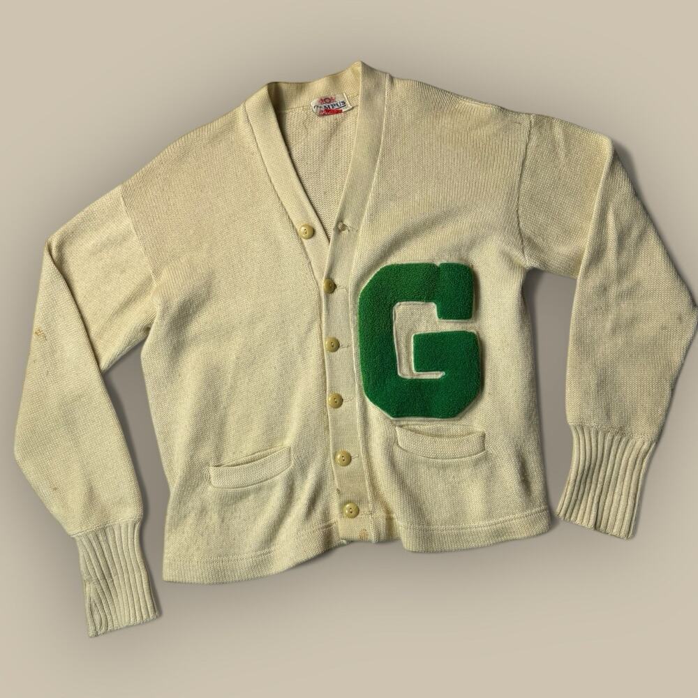 Vtg 50s Campus College Varsity Cardigan Sweater Letterman Knit Tan Green Medium